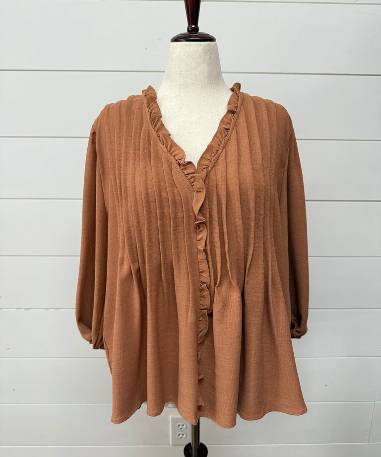 3/4 Sleeve Ruffle Trim Pintuck Detail Blouse, Blu Pepper