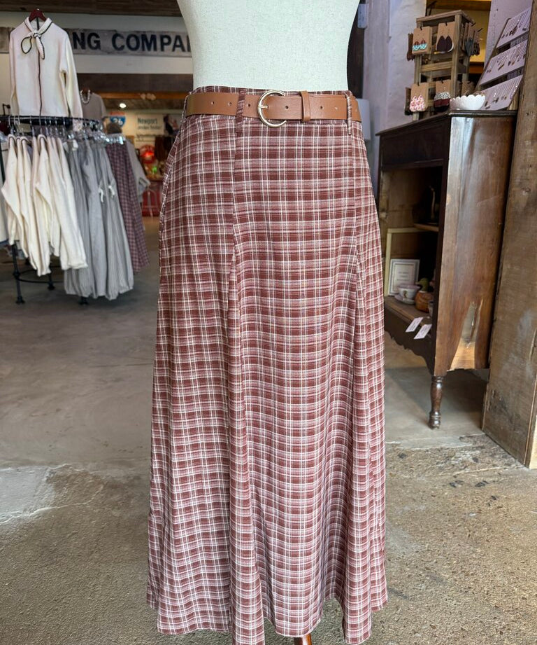 Plaid Flare Maxi Skirt With Belt, In February