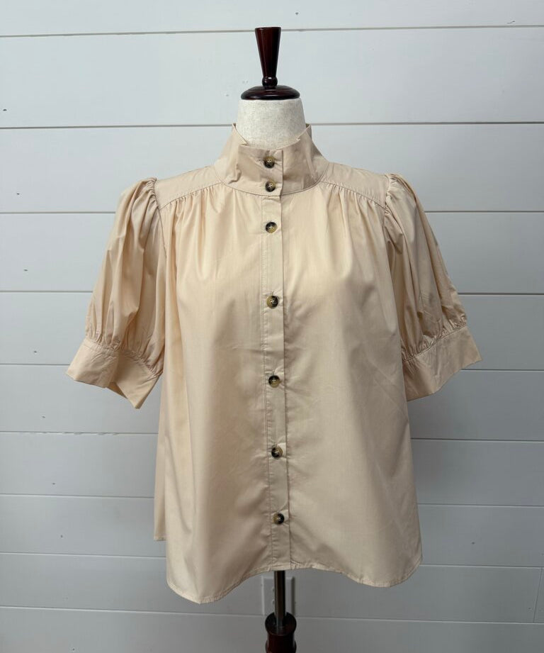 High Neck Button Up Bubble Sleeve Top, Ecru, Entro