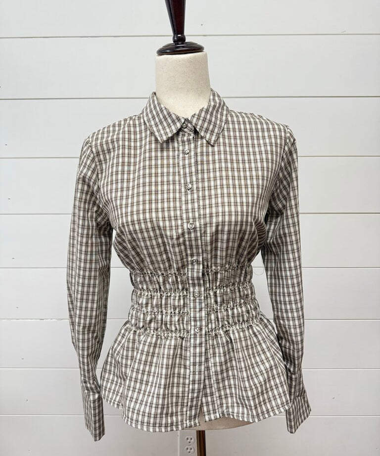 Plaid Collared Shirred Waist Top, Blu Pepper