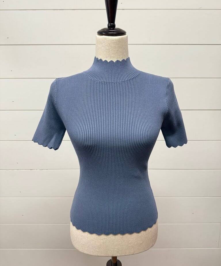 Scallop Mock Neck Short Sleeve Sweater, Blu Pepper