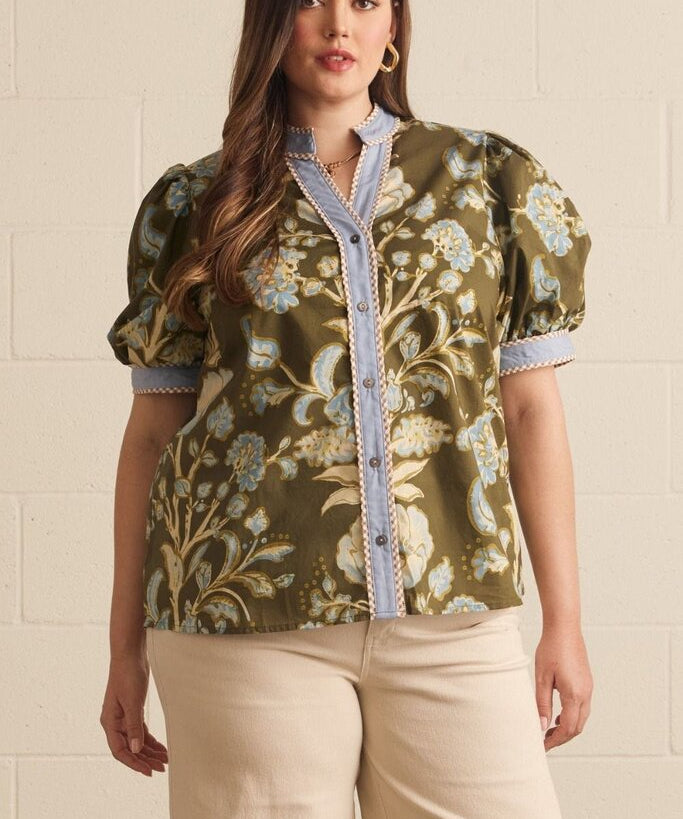 Puff Sleeve Floral Button Up Top, Entro