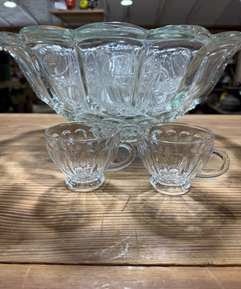 Vintage Glass Punch Bowl 18 Cups Set
