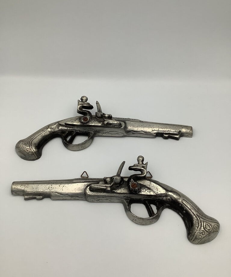 Vintage Decorative Flintlock Pistols, silver, black