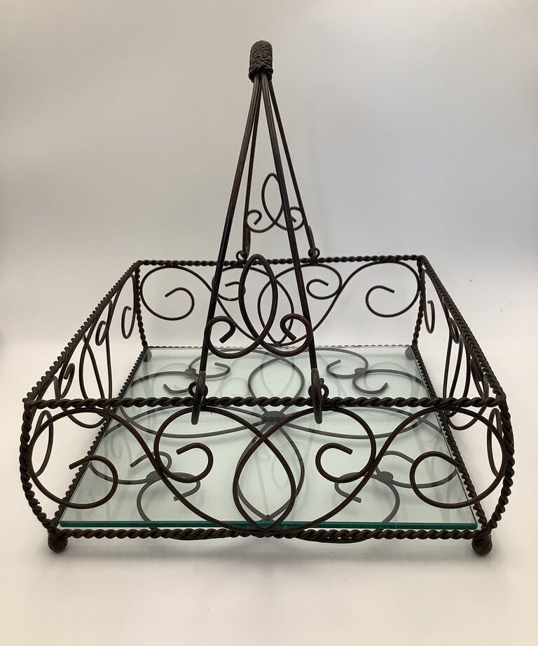 Vintage Decorative Wire Basket with Glass Base, brown